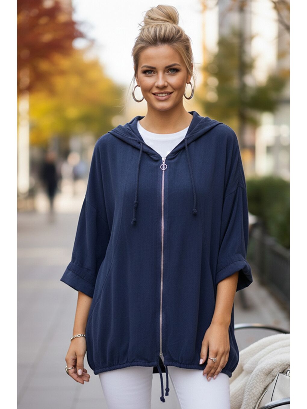 İtalyan Lacivert Kapüşonlu 3/4 Kol Fermuarlı Cepli Casual Pamuklu Dokuma Ceket 70 70-2