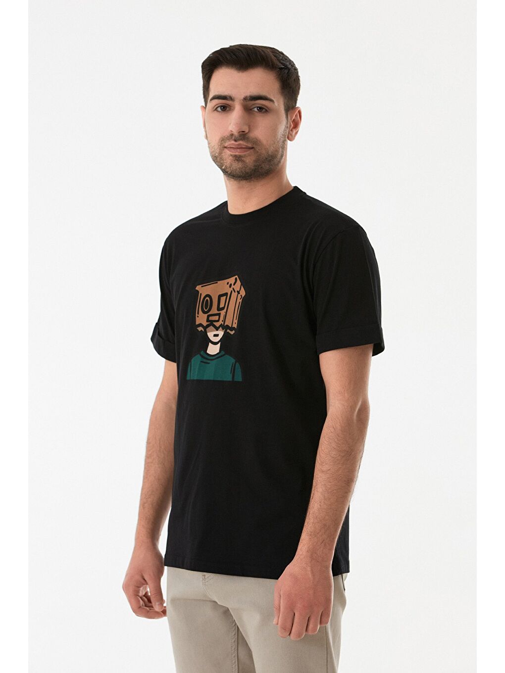 Siyah Dijital Baskı Bisiklet Yaka Tişört