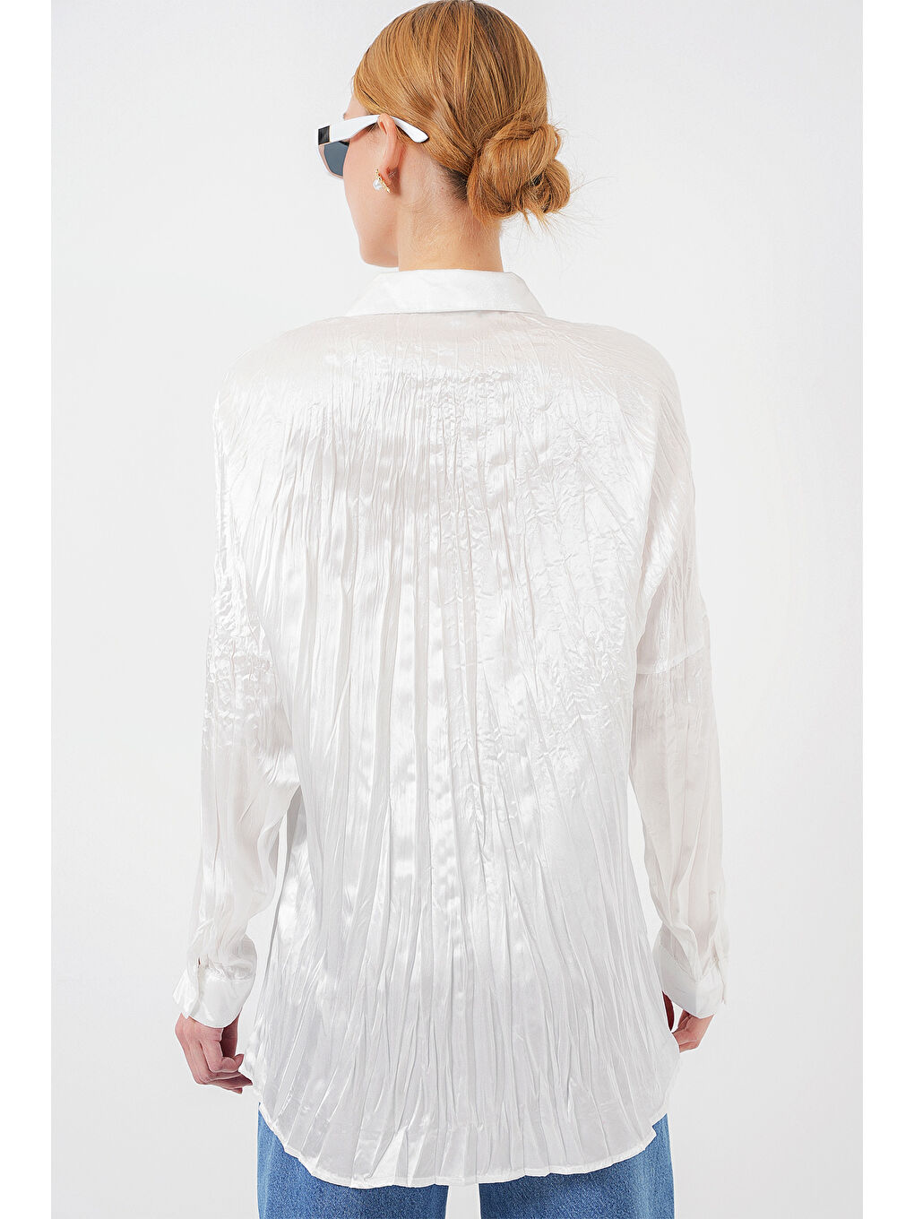 Kadın Kırışık Saten Gömlek 20316 - Beyaz-4