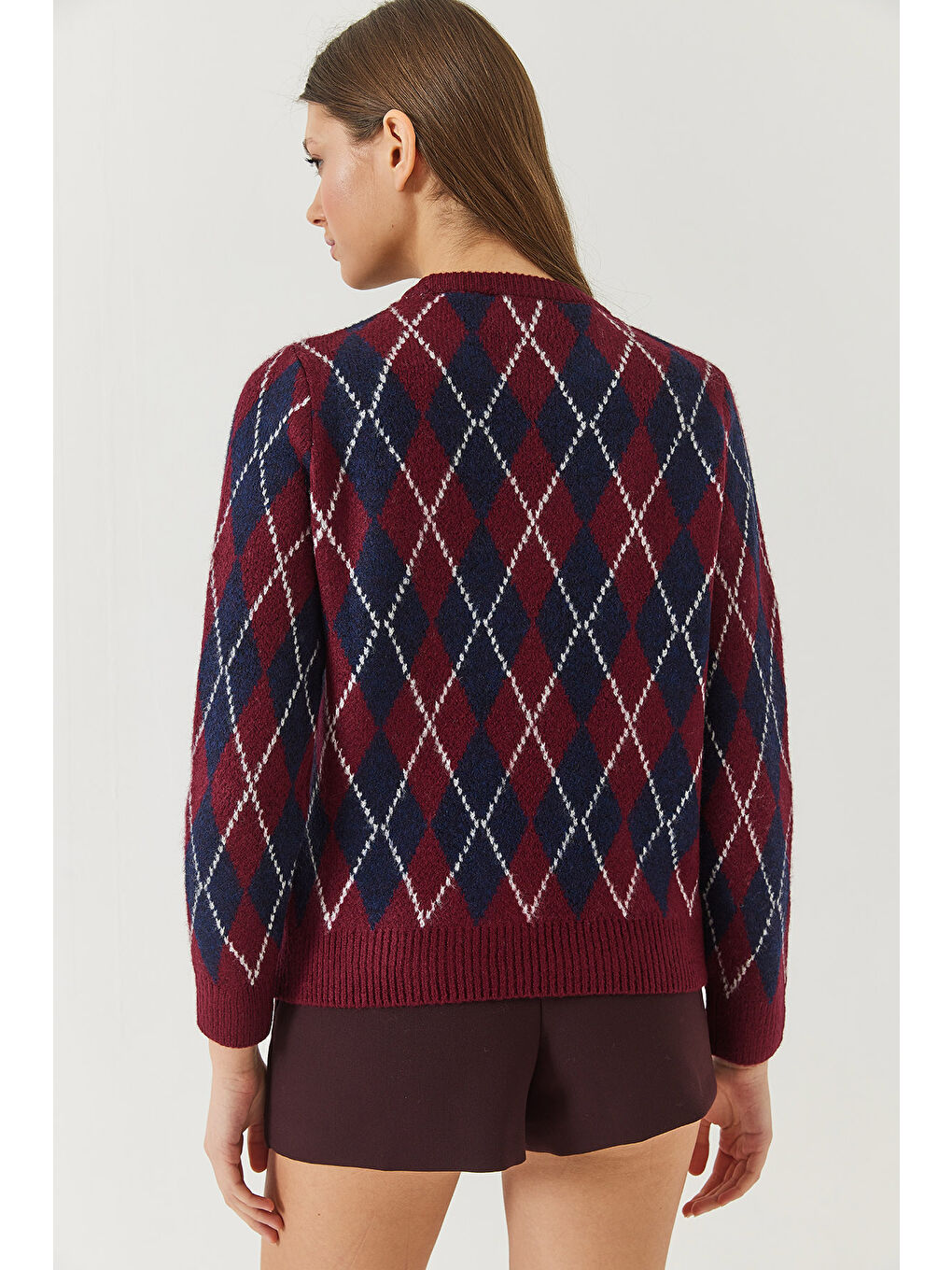 Bordo Kadın Bisiklet Yaka Baklava Desenli Kazak-4