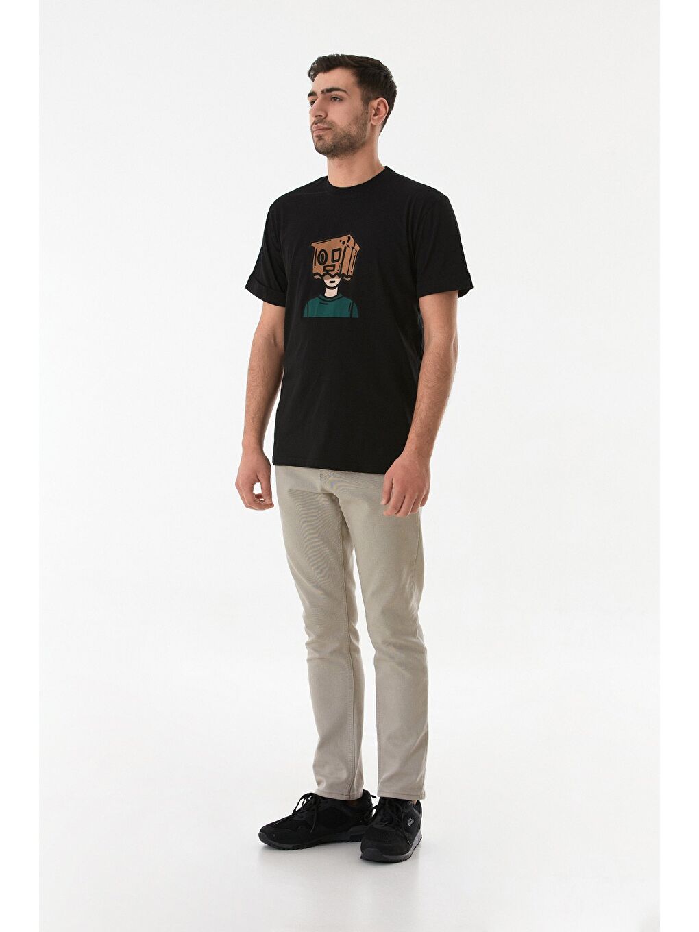 Siyah Dijital Baskı Bisiklet Yaka Tişört-2