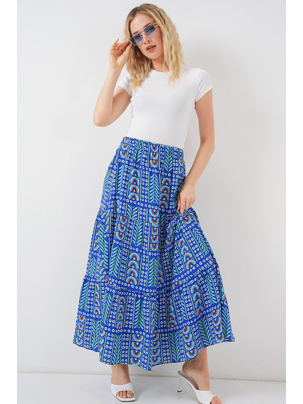 Mavi Kadın Desenli Uzun Etek 8053 - Saks