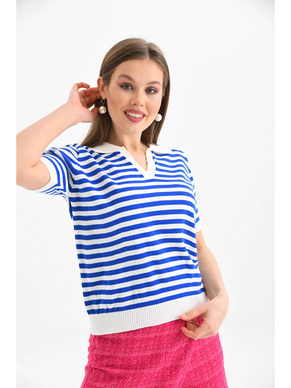 Lacivert Kadın Polo Yaka Kısa Kol Çizgili Triko Kazak-2