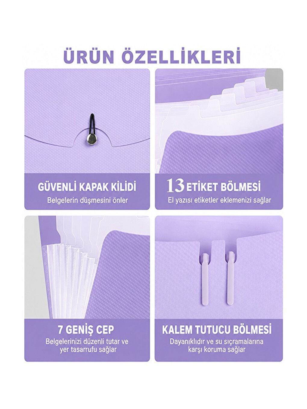 Körüklü Dosya 13 Bölmeli Pastel Lila 1 Adet A4 Akardiyon Dosya Düzenleyici 13 Cepli Lastikli Dosya B-3