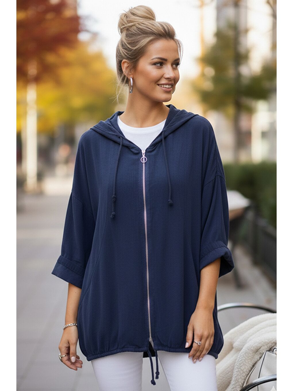 İtalyan Lacivert Kapüşonlu 3/4 Kol Fermuarlı Cepli Casual Pamuklu Dokuma Ceket 70 70-3
