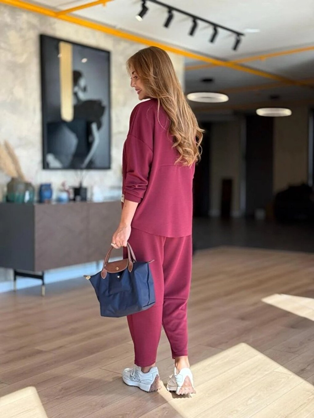 Bordo Kadın Uzun Kollu Bisiklet Yaka Viskon Iki Iplik Bluz Ve Pantolon Ikili Takım-2