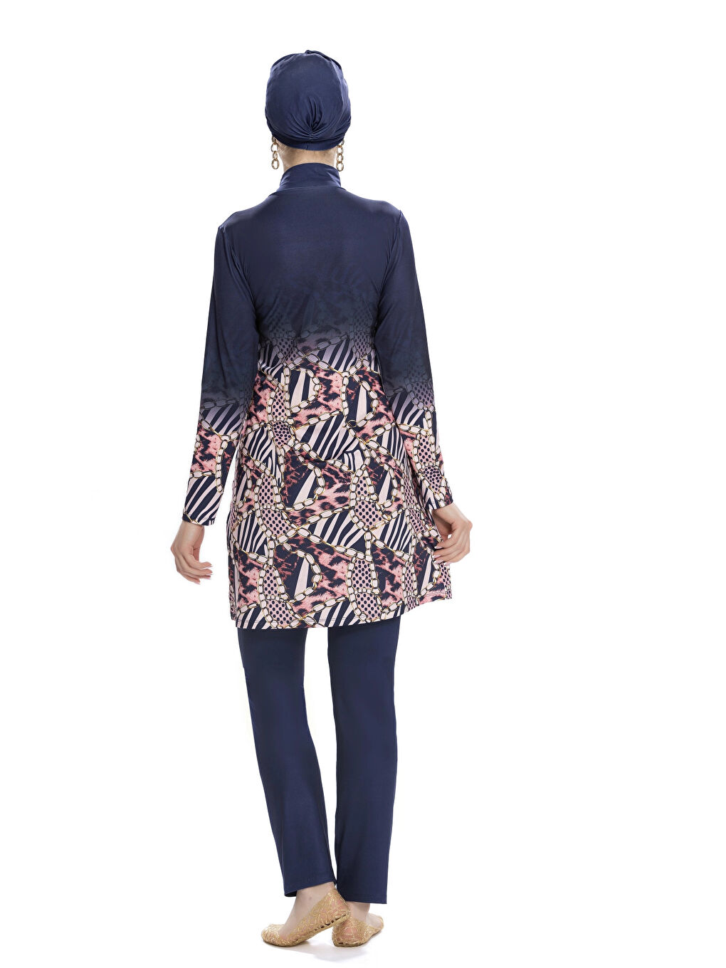 Kadın Lacivert Pembe Desenli Uzun Kollu Tesettür Mayo HZL25S-AR271/02-1