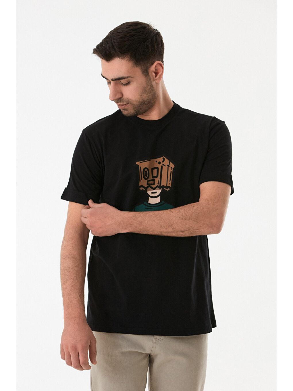 Siyah Dijital Baskı Bisiklet Yaka Tişört-4