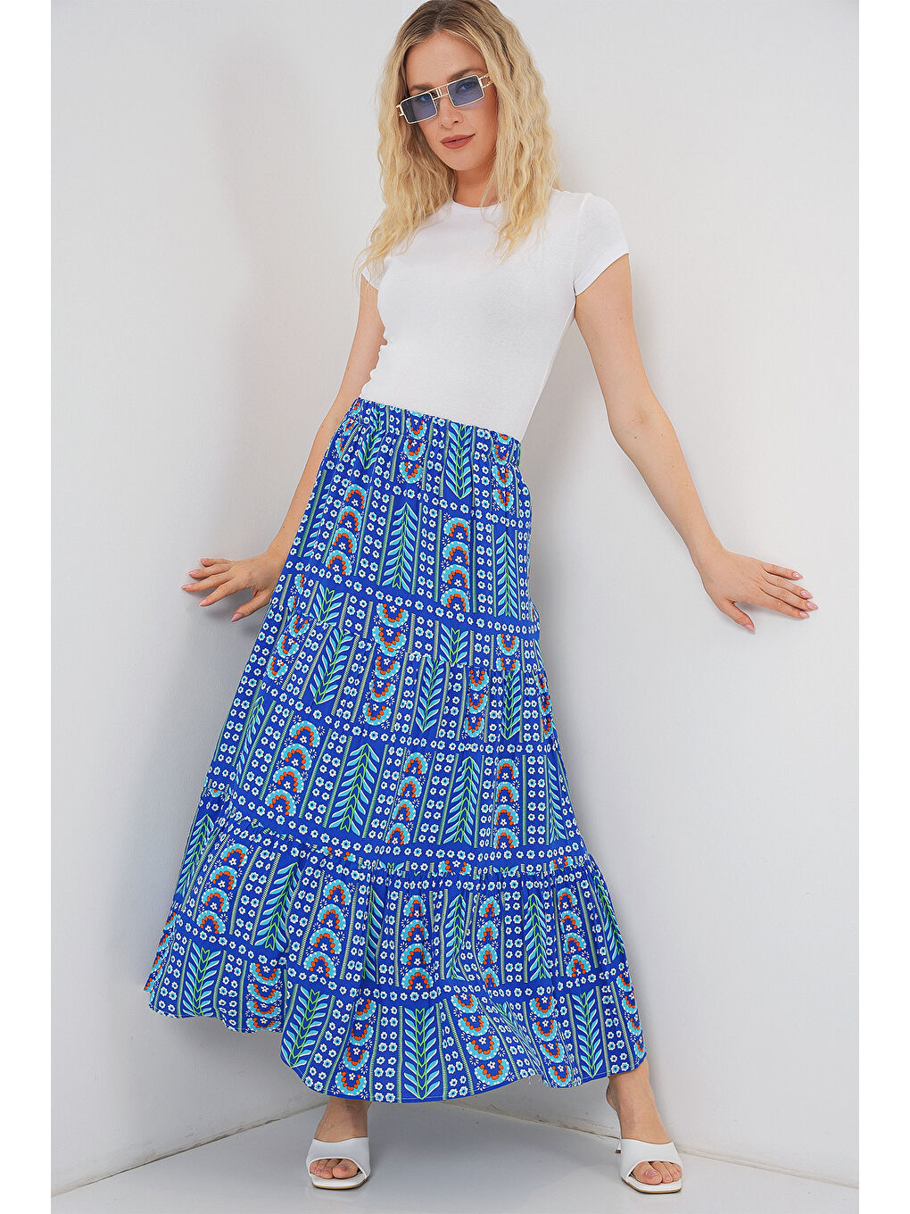 Mavi Kadın Desenli Uzun Etek 8053 - Saks-2