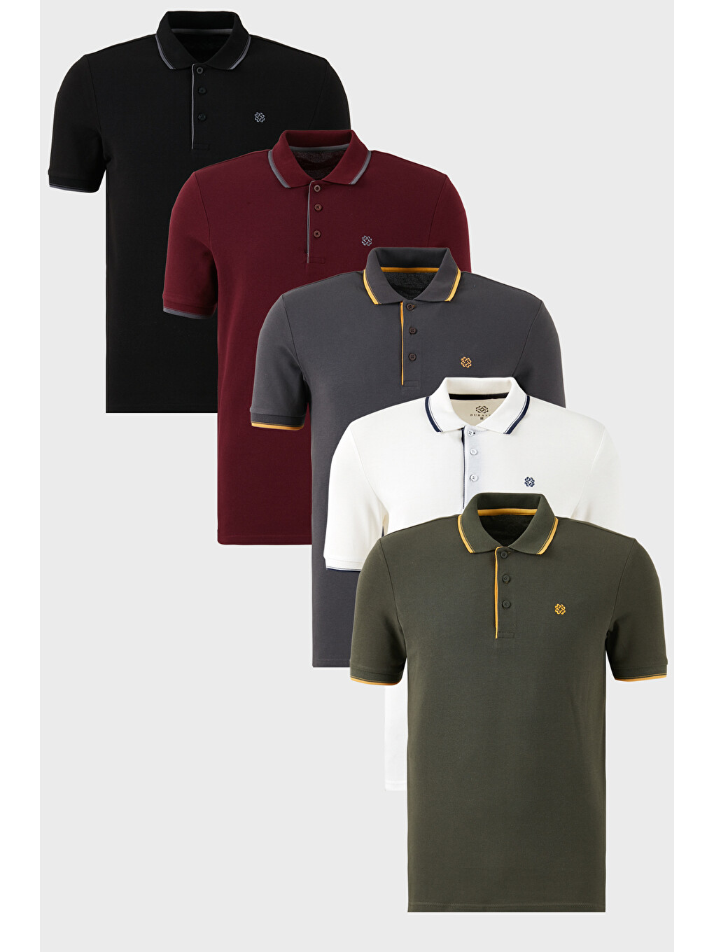 Siyah Pamuklu Slim Fit Şerit Detaylı Düğmeli Polo Yaka 5'li Paket T Shirt 5902118S5