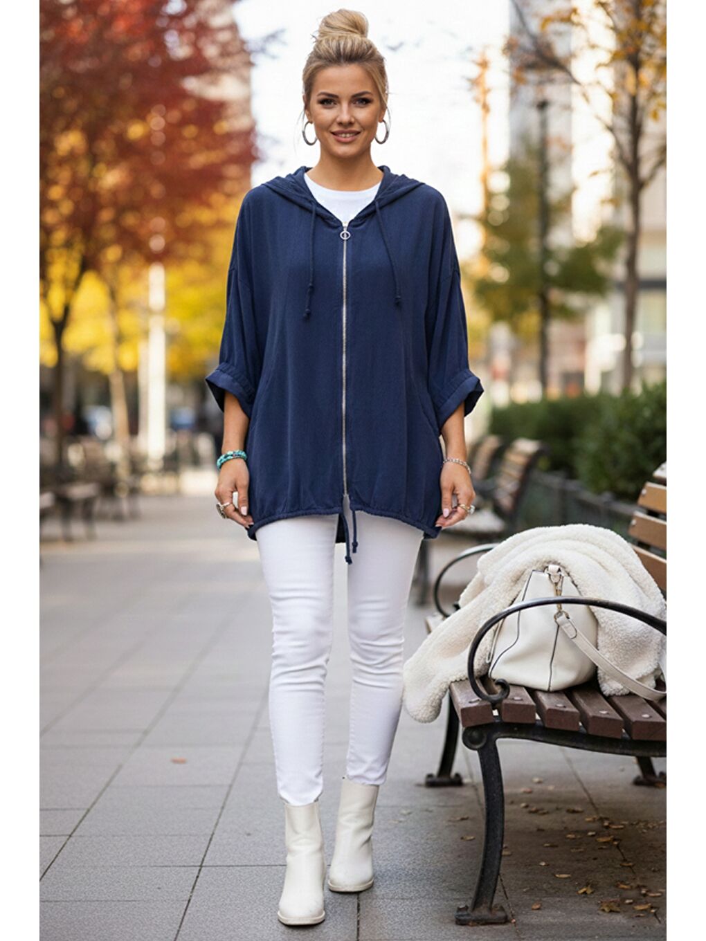 İtalyan Lacivert Kapüşonlu 3/4 Kol Fermuarlı Cepli Casual Pamuklu Dokuma Ceket 70 70-4