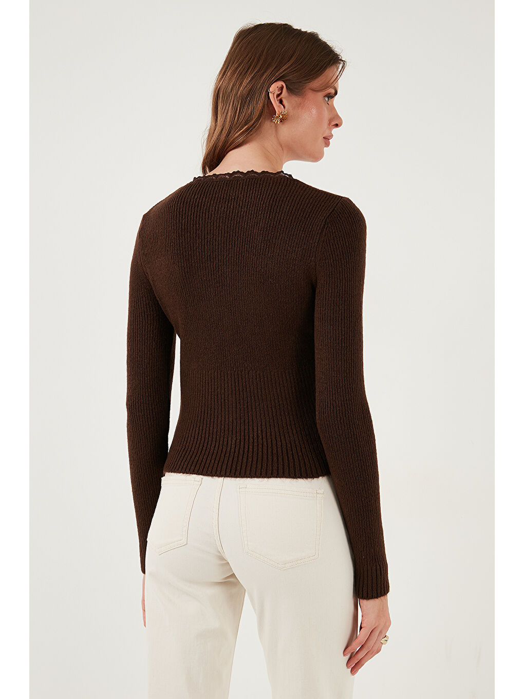 Kahverengi Premium Slim Fit Dantel Detaylı Yaka Örme Hırka 680HI00061-5