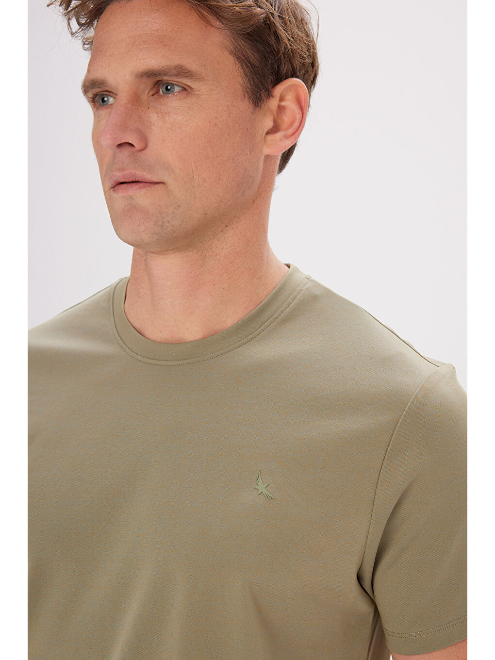 Erkek Haki Slim Fit Dar Kesim Bisiklet Yaka Pamuklu Tişört-3
