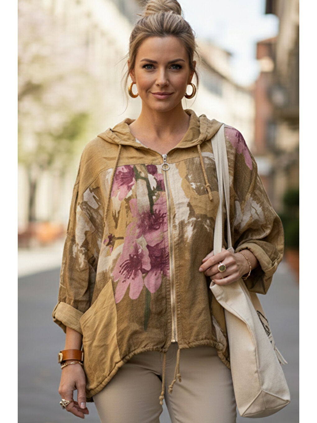 Sarı İtalyan Hardal Rengi Kapüşonlu 3/4 Kol Fermuarlı Cepli Casual Keten Görünümlü Dokuma Ceket 68 65