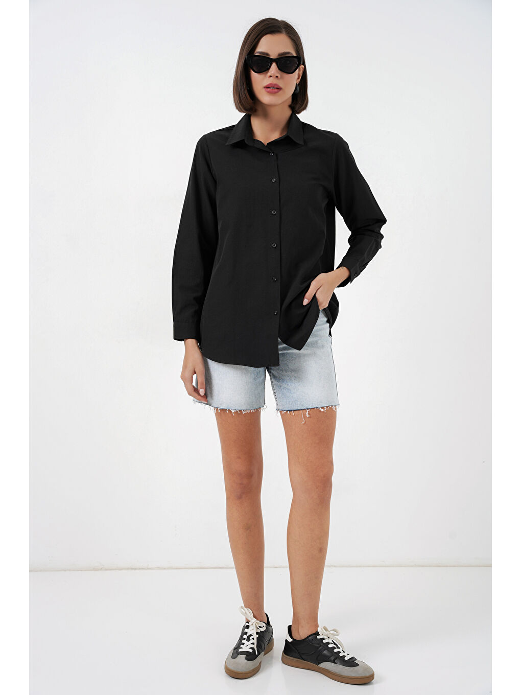 Kadın Uzun Kol Basic Gömlek 20279 - Siyah-1