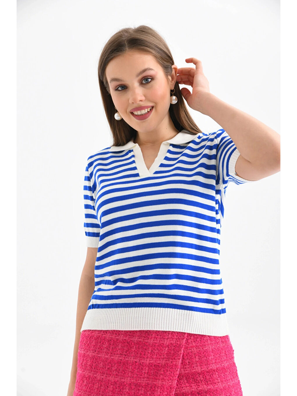 Lacivert Kadın Polo Yaka Kısa Kol Çizgili Triko Kazak-3