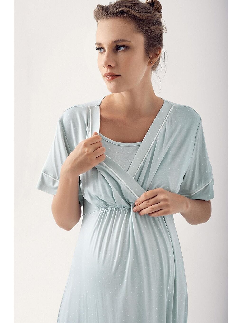 Yeşil Puantiyeli Kısa Kollu Elastanlı Viskoz Hamile Gecelik 14120-1