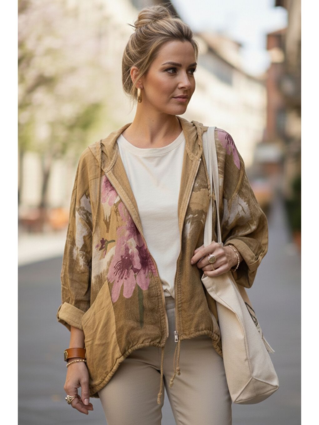 Sarı İtalyan Hardal Rengi Kapüşonlu 3/4 Kol Fermuarlı Cepli Casual Keten Görünümlü Dokuma Ceket 68 65-1