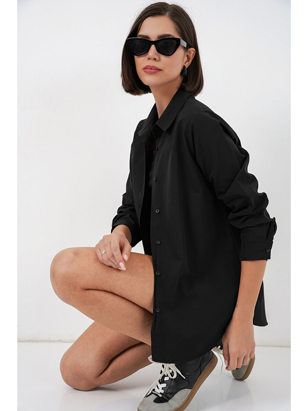 Kadın Uzun Kol Basic Gömlek 20279 - Siyah-2