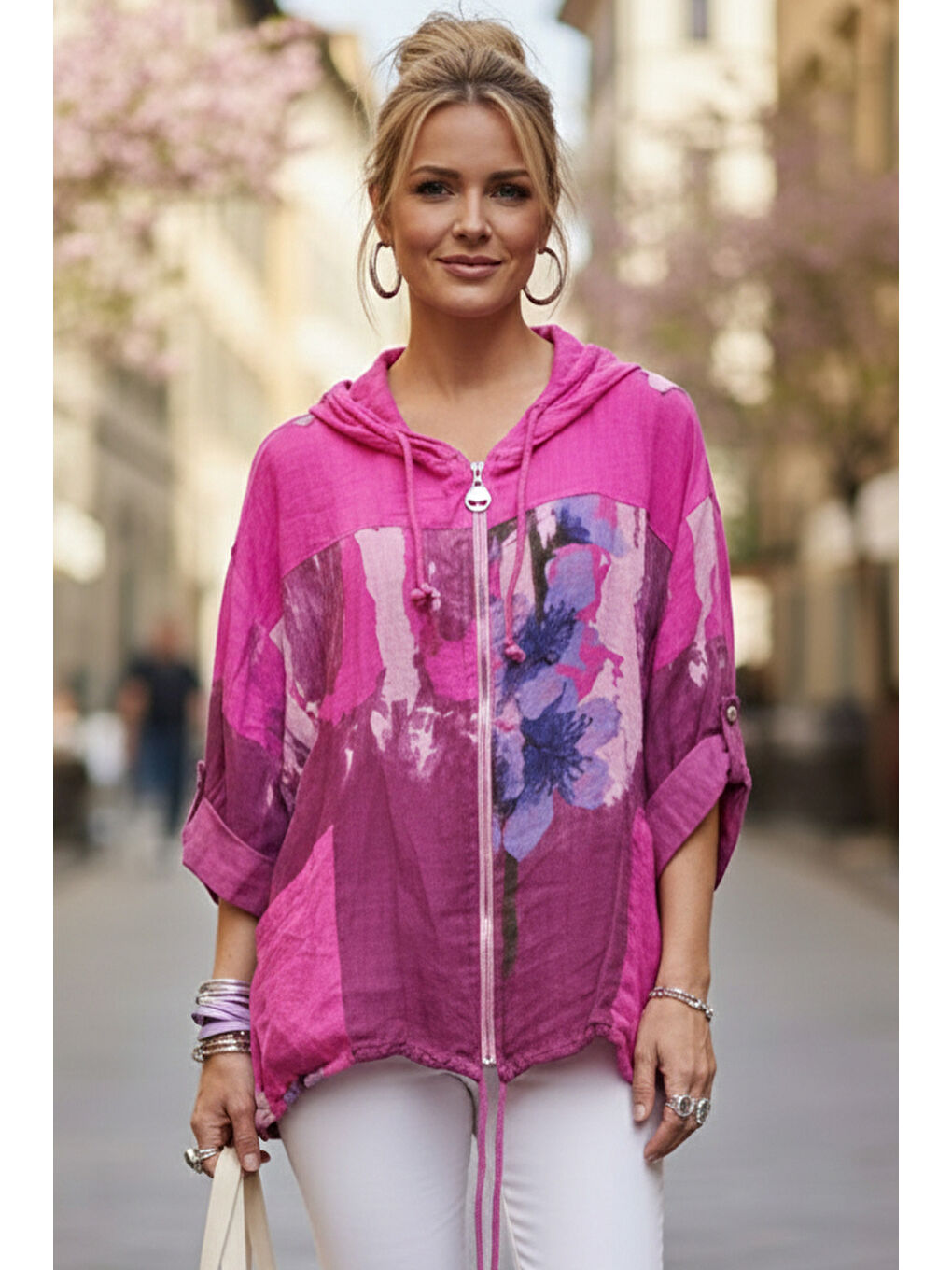 İtalyan Fuşya Kapüşonlu 3/4 Kol Fermuarlı Cepli Casual Keten Görünümlü Dokuma Ceket 68 65