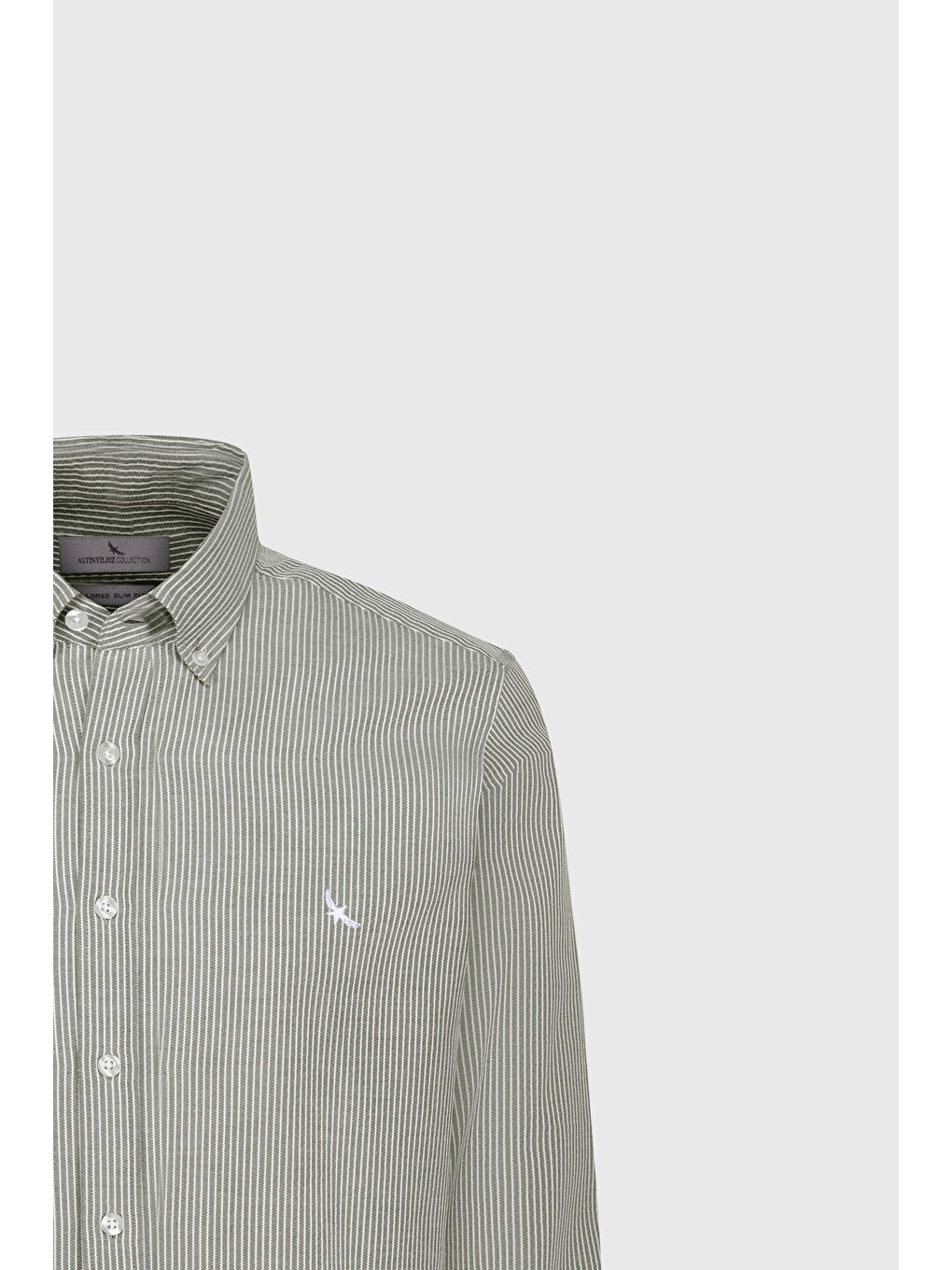 Erkek Haki-Beyaz %100 Pamuk Slim Fit Dar Kesim Düğmeli Yaka Çizgili Gömlek-6