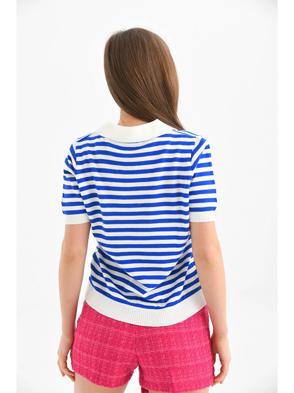 Lacivert Kadın Polo Yaka Kısa Kol Çizgili Triko Kazak-4