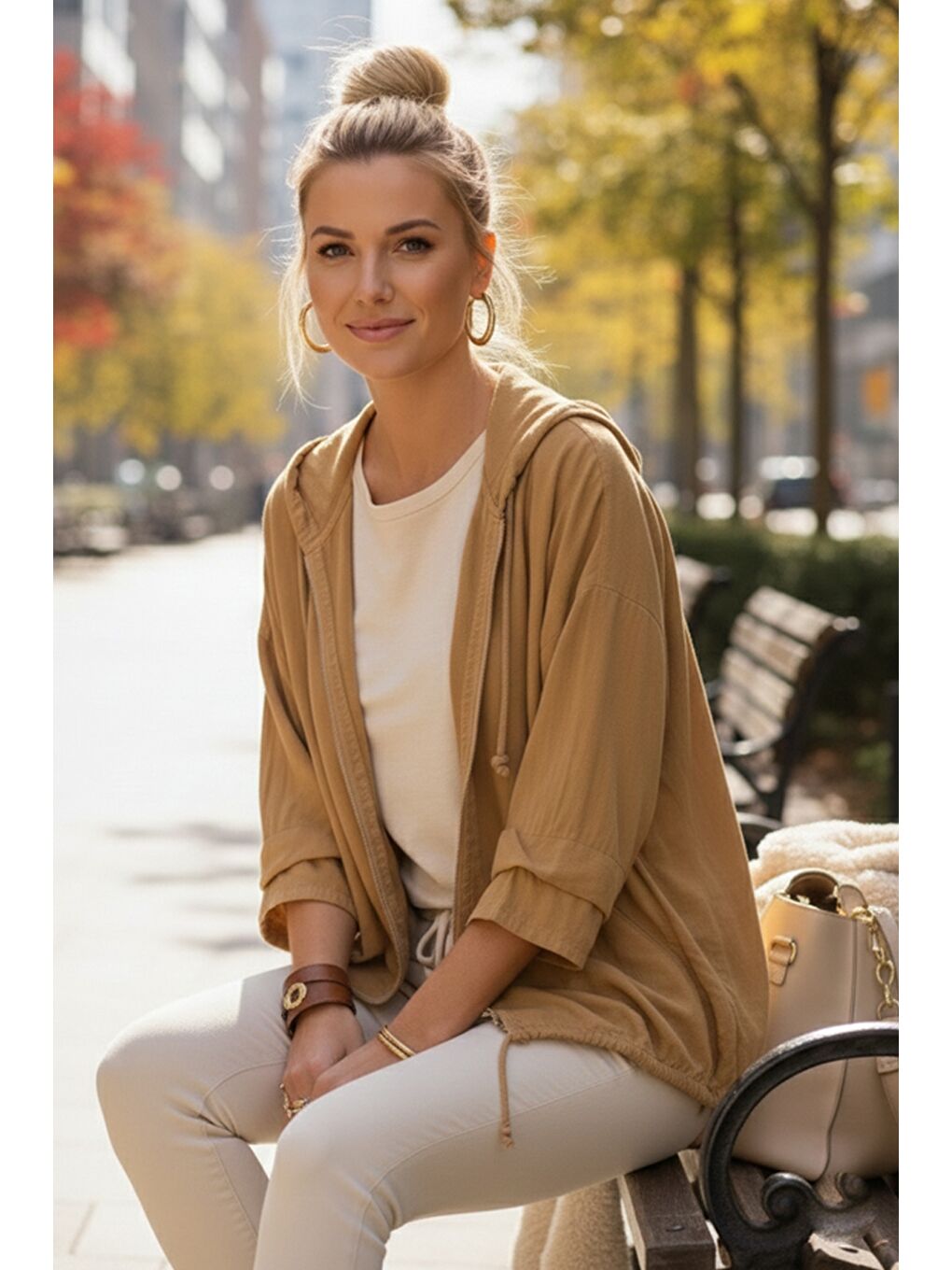 Sarı İtalyan Hardal Rengi Kapüşonlu 3/4 Kol Fermuarlı Cepli Casual Pamuklu Dokuma Ceket 70 70-1