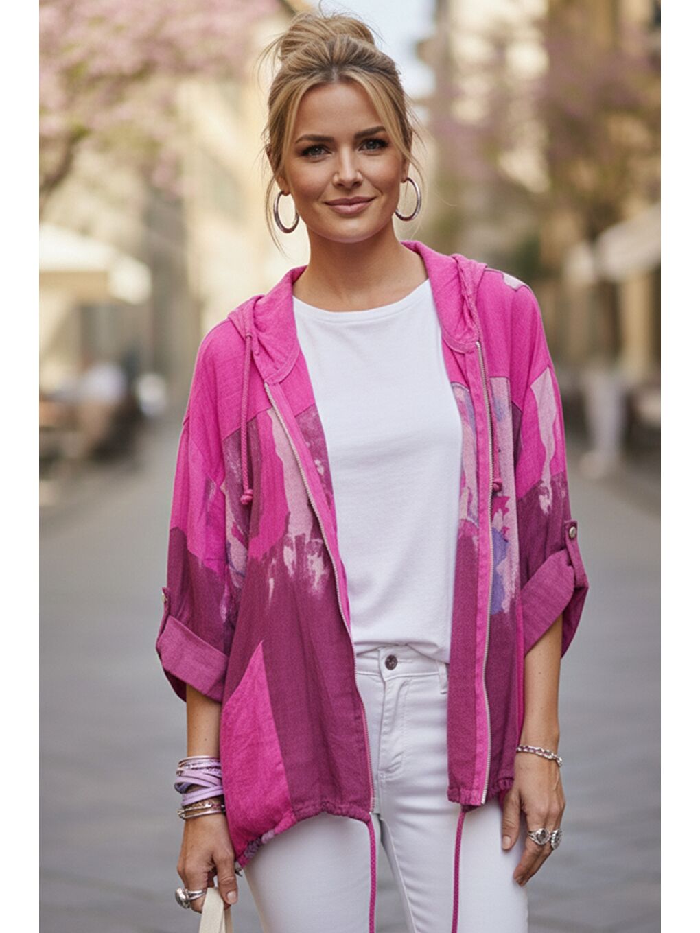 İtalyan Fuşya Kapüşonlu 3/4 Kol Fermuarlı Cepli Casual Keten Görünümlü Dokuma Ceket 68 65-1