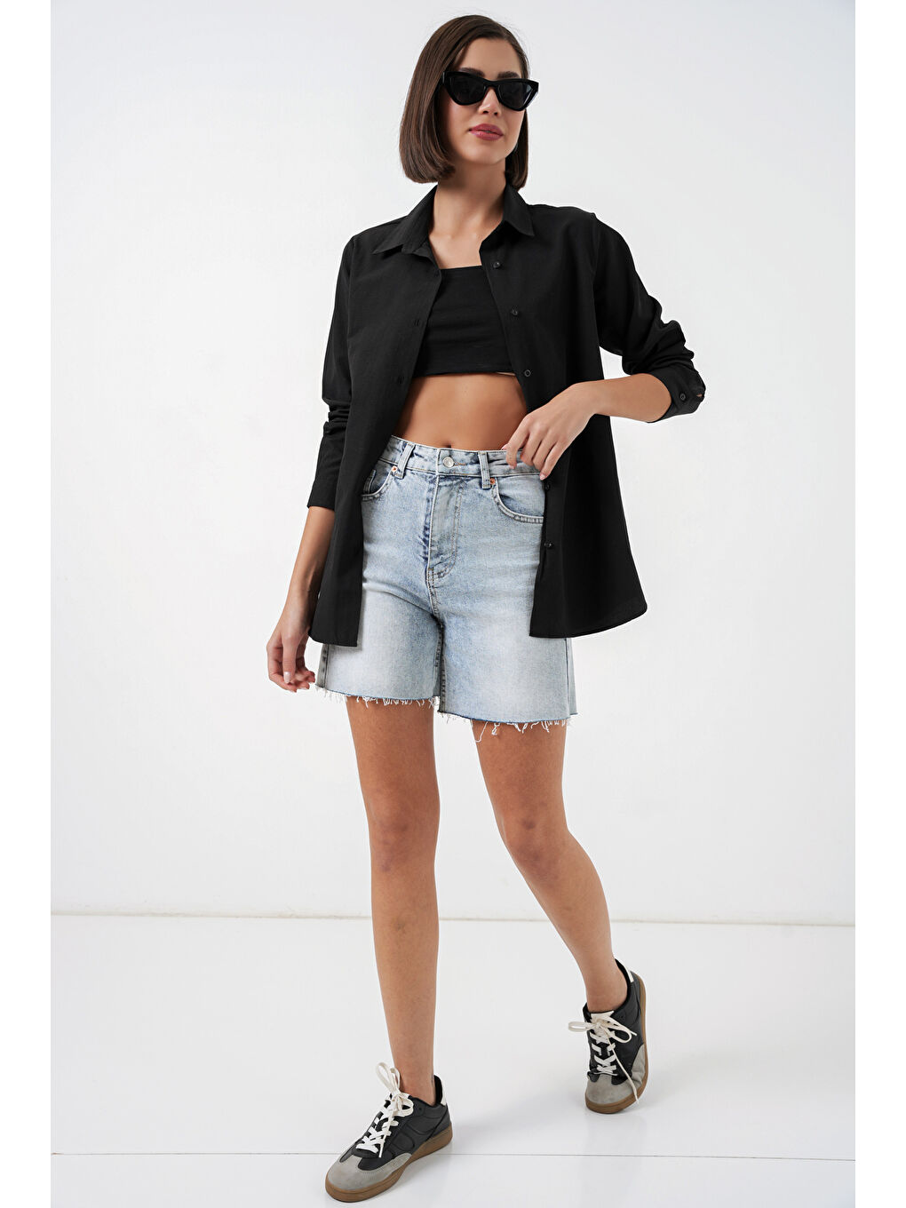 Kadın Uzun Kol Basic Gömlek 20279 - Siyah-3