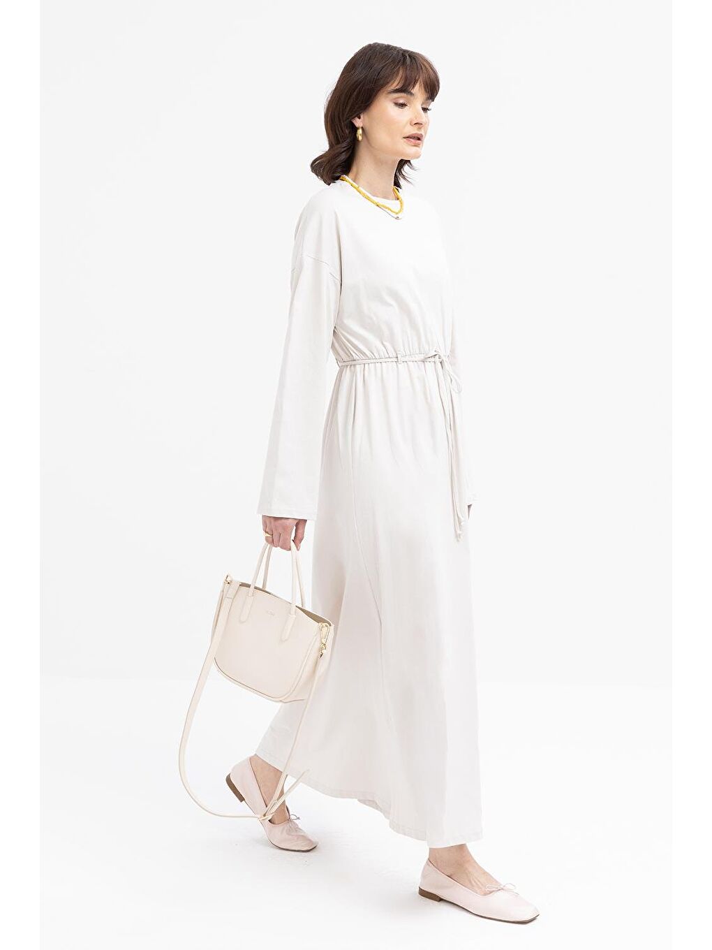 Bej Taş-Beli Bağlamalı Elbise