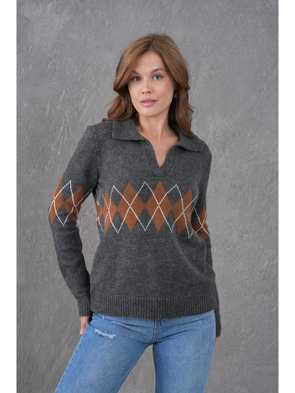 Antrasit Kadın Polo Yaka Desenli Yarım Pat Triko Kazak-1