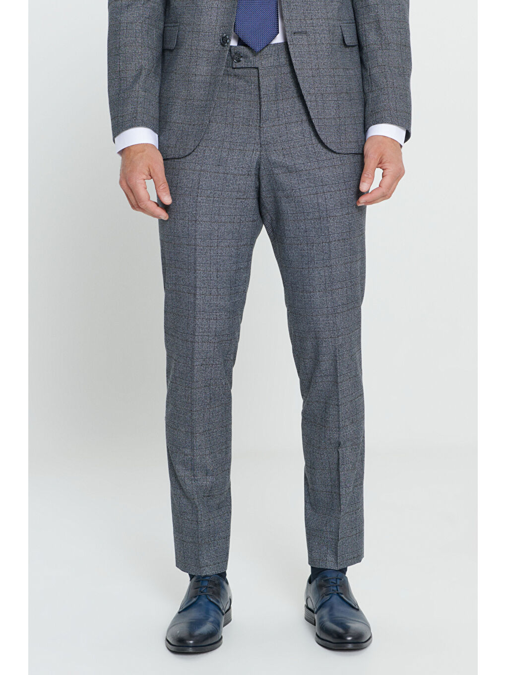 Erkek Gri-Mavi Slim Fit Dar Kesim Kareli Takım Elbise-4