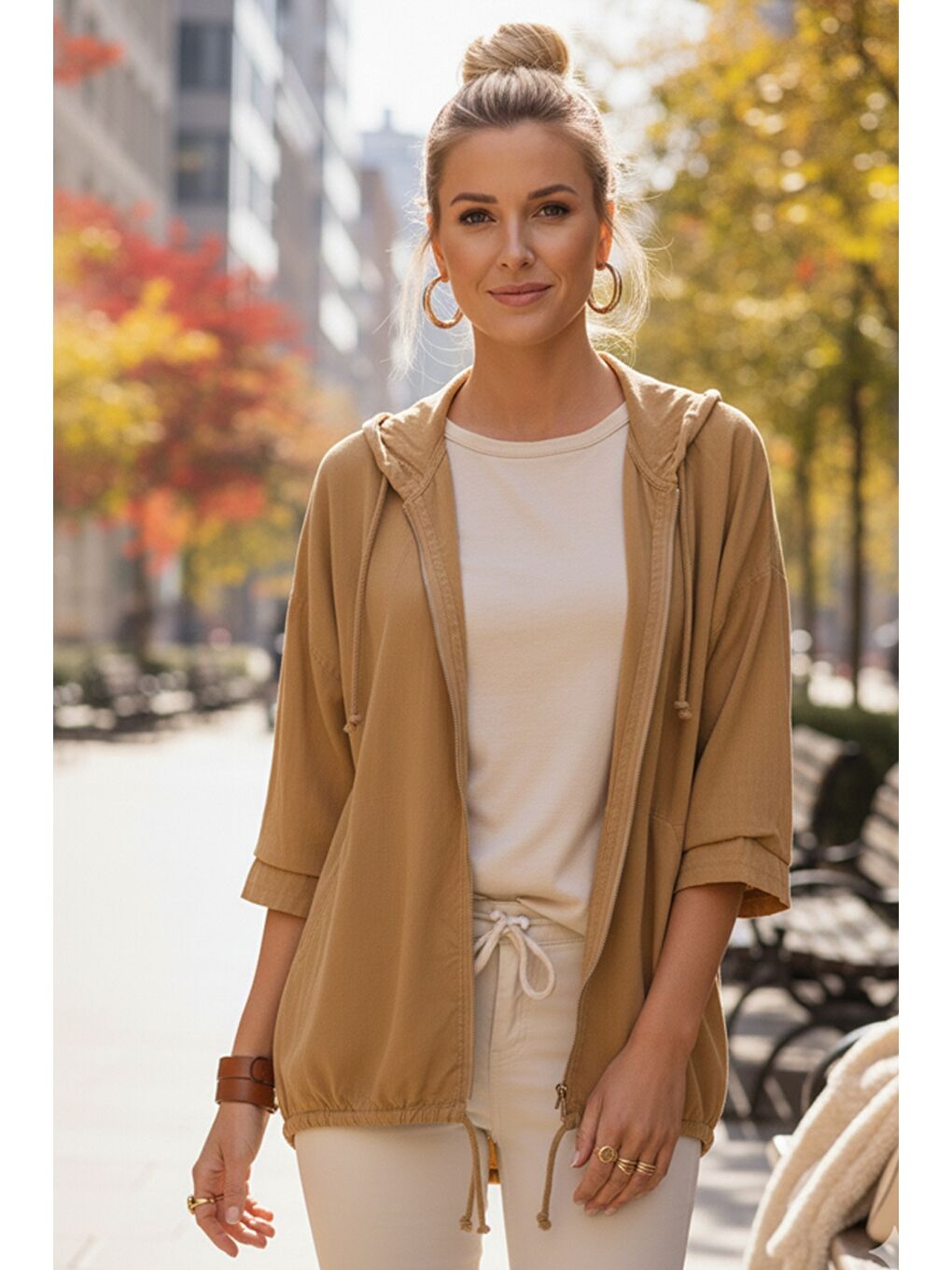 Sarı İtalyan Hardal Rengi Kapüşonlu 3/4 Kol Fermuarlı Cepli Casual Pamuklu Dokuma Ceket 70 70-3