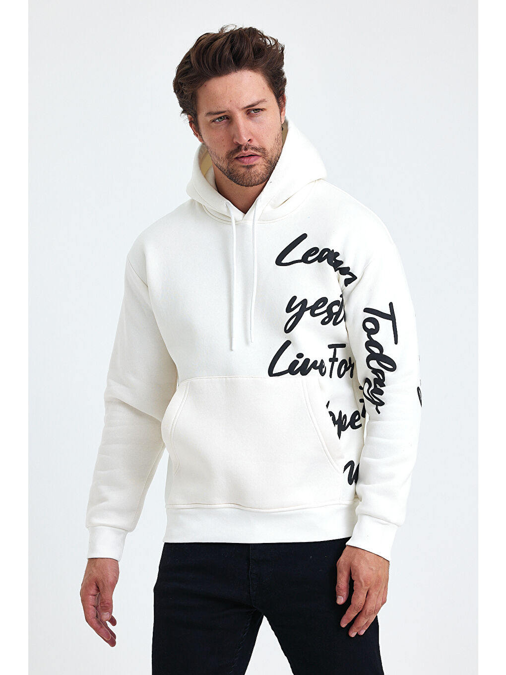 Tarz Cool Beyaz Erkek Today Yazı Baskılı 3 İplik Şardonlu Kapüşonlu Regular Sweatshirt