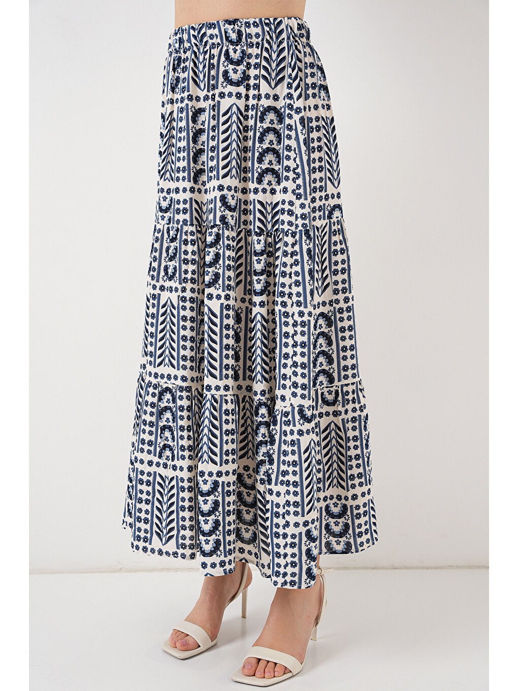 Ekru Kadın Desenli Uzun Etek 8053 - Krem-1