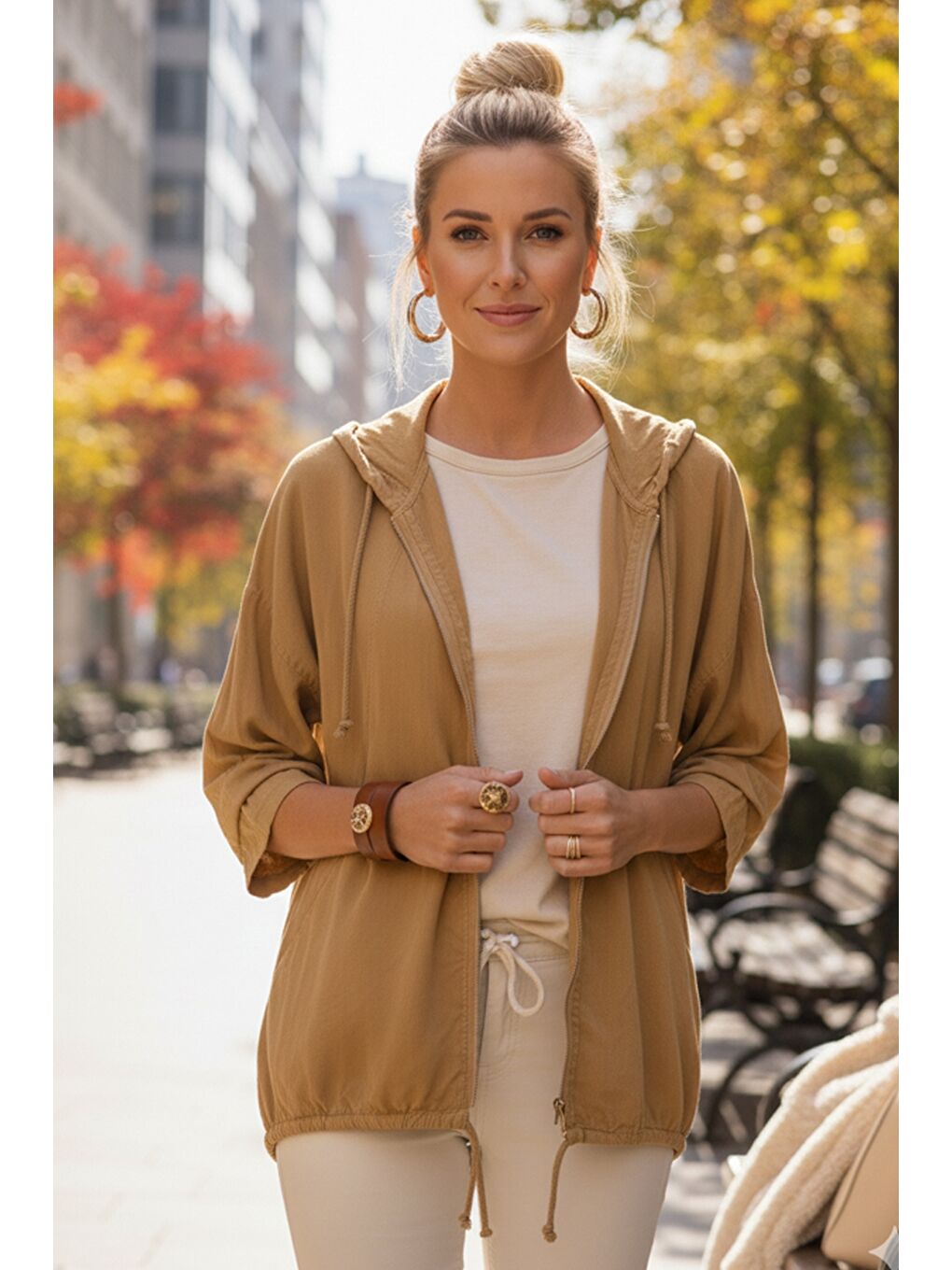 Sarı İtalyan Hardal Rengi Kapüşonlu 3/4 Kol Fermuarlı Cepli Casual Pamuklu Dokuma Ceket 70 70-4