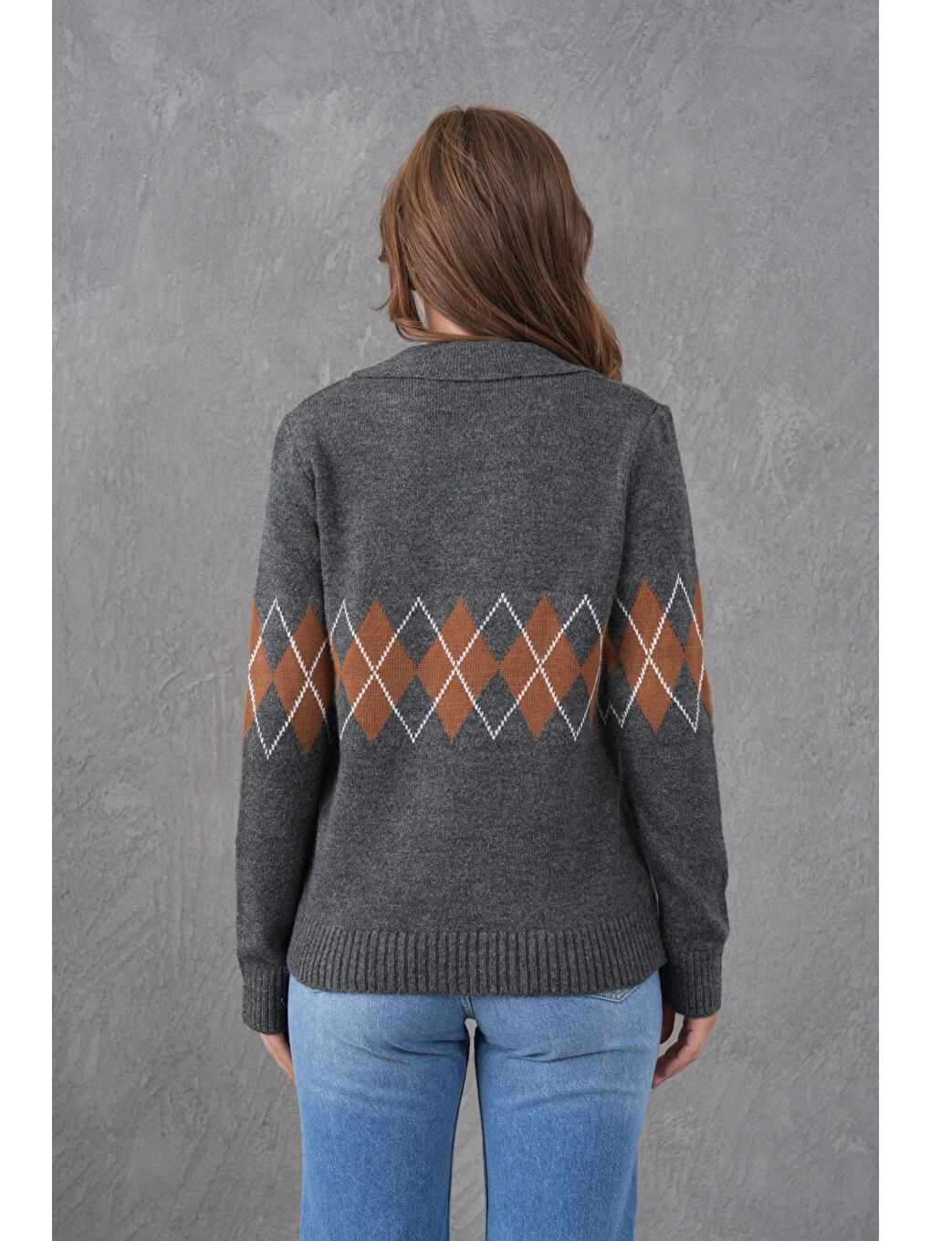 Antrasit Kadın Polo Yaka Desenli Yarım Pat Triko Kazak-2