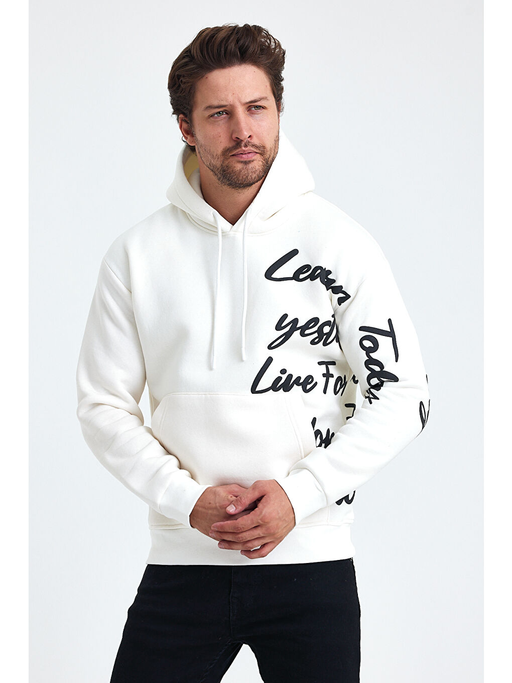 Tarz Cool Beyaz Erkek Today Yazı Baskılı 3 İplik Şardonlu Kapüşonlu Regular Sweatshirt - 1