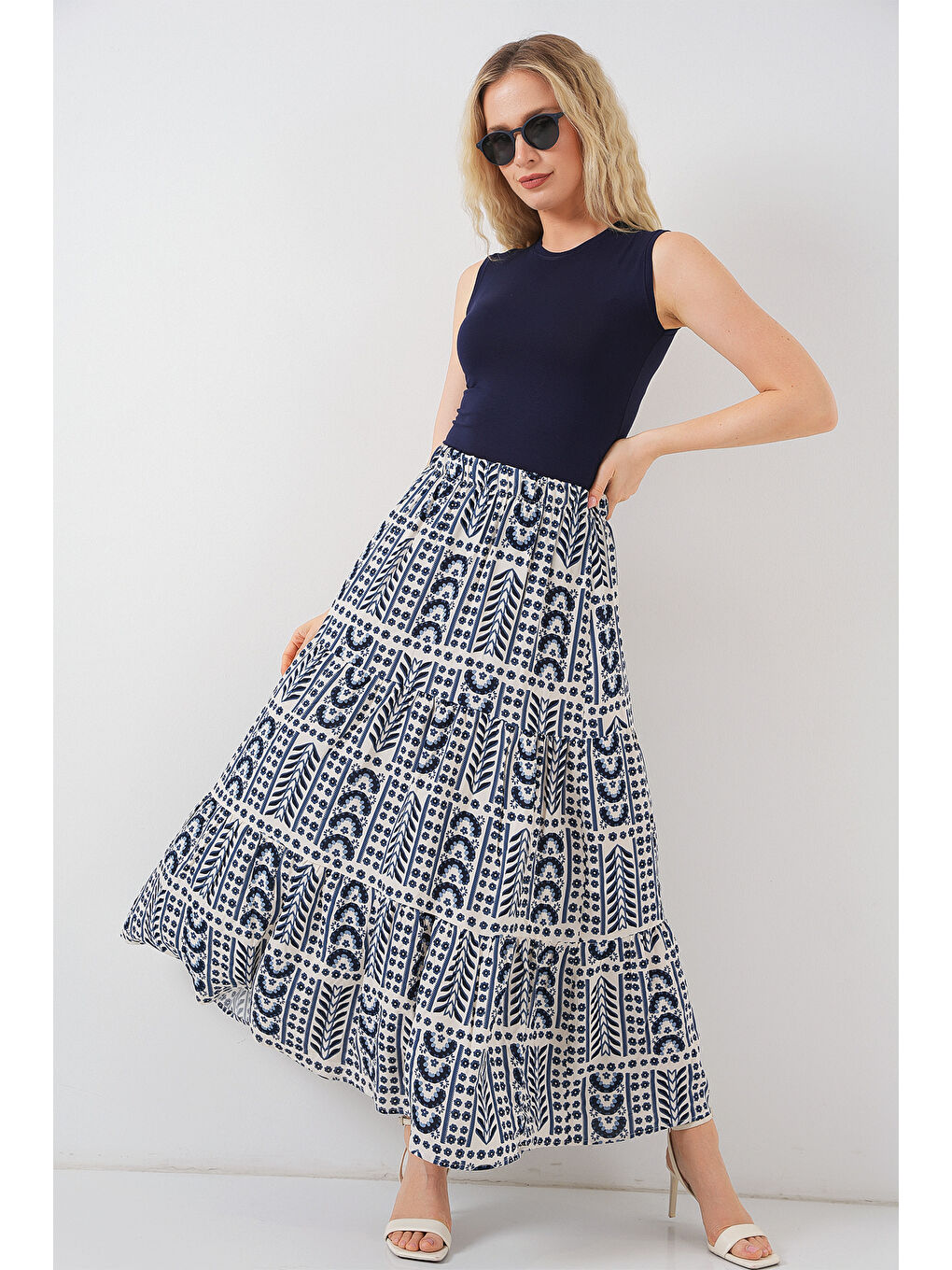 Ekru Kadın Desenli Uzun Etek 8053 - Krem-2