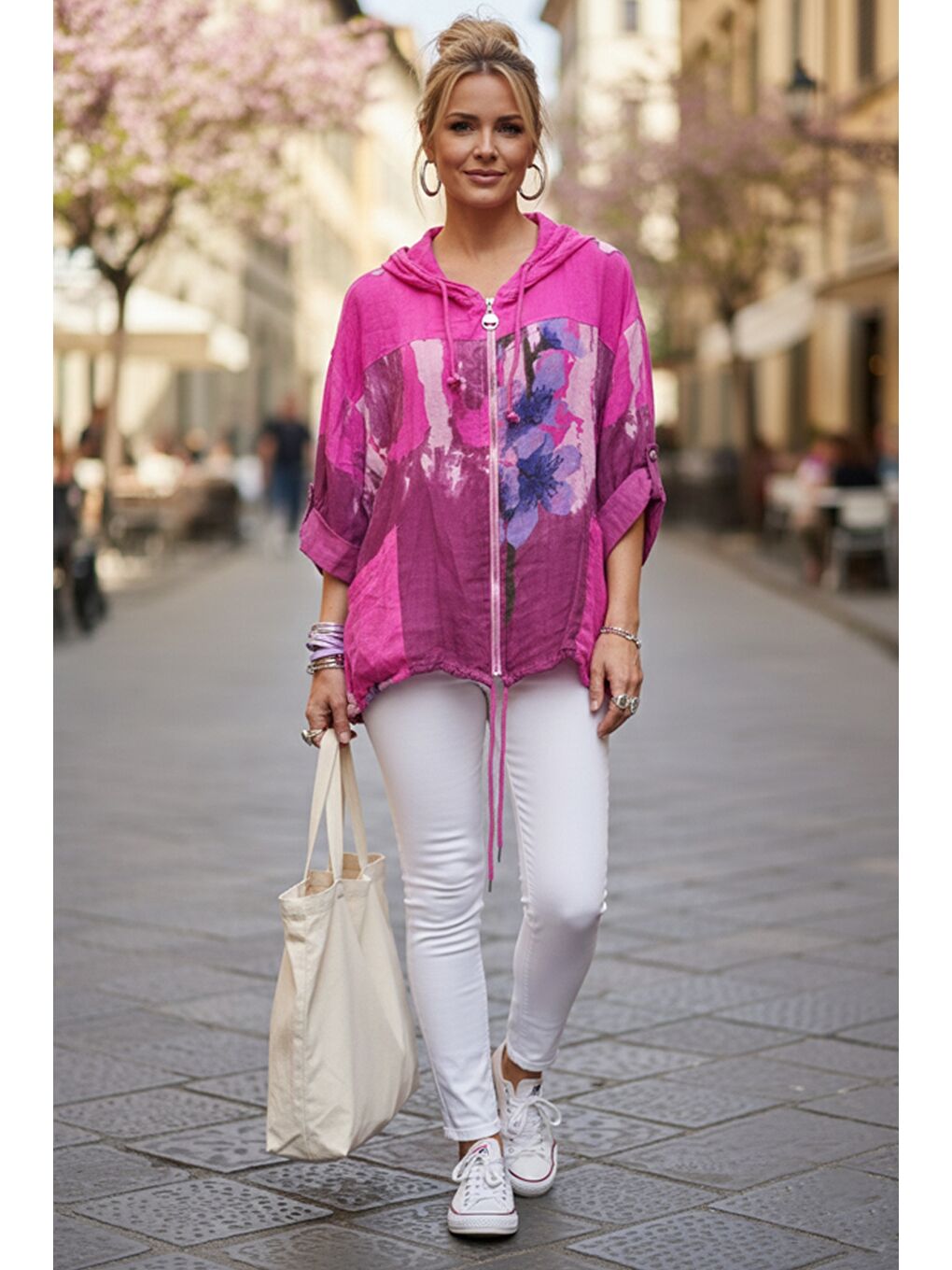 İtalyan Fuşya Kapüşonlu 3/4 Kol Fermuarlı Cepli Casual Keten Görünümlü Dokuma Ceket 68 65-3