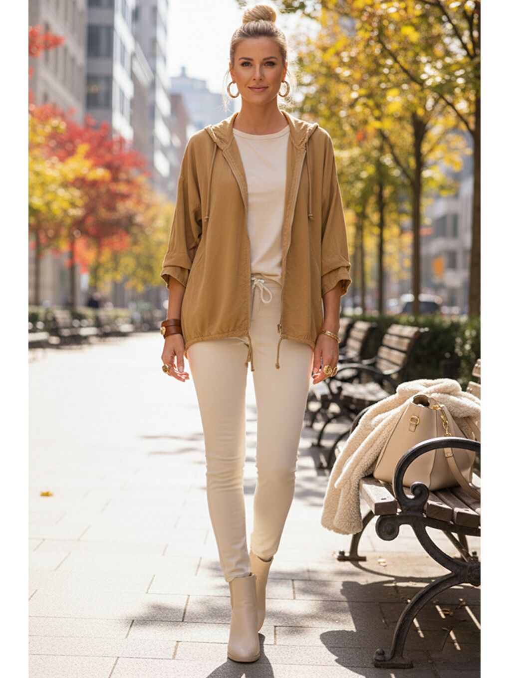 Sarı İtalyan Hardal Rengi Kapüşonlu 3/4 Kol Fermuarlı Cepli Casual Pamuklu Dokuma Ceket 70 70-5