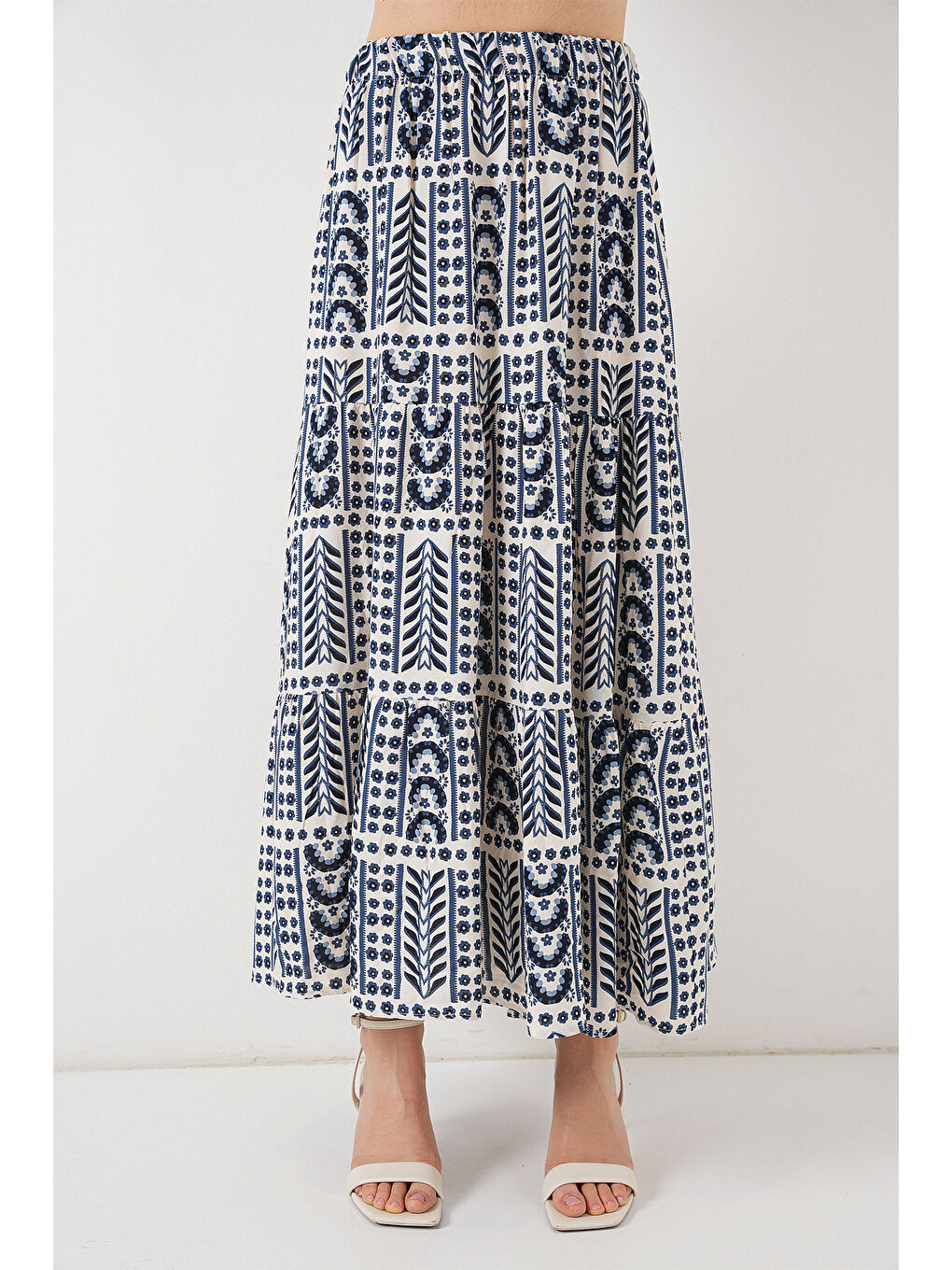 Ekru Kadın Desenli Uzun Etek 8053 - Krem-3