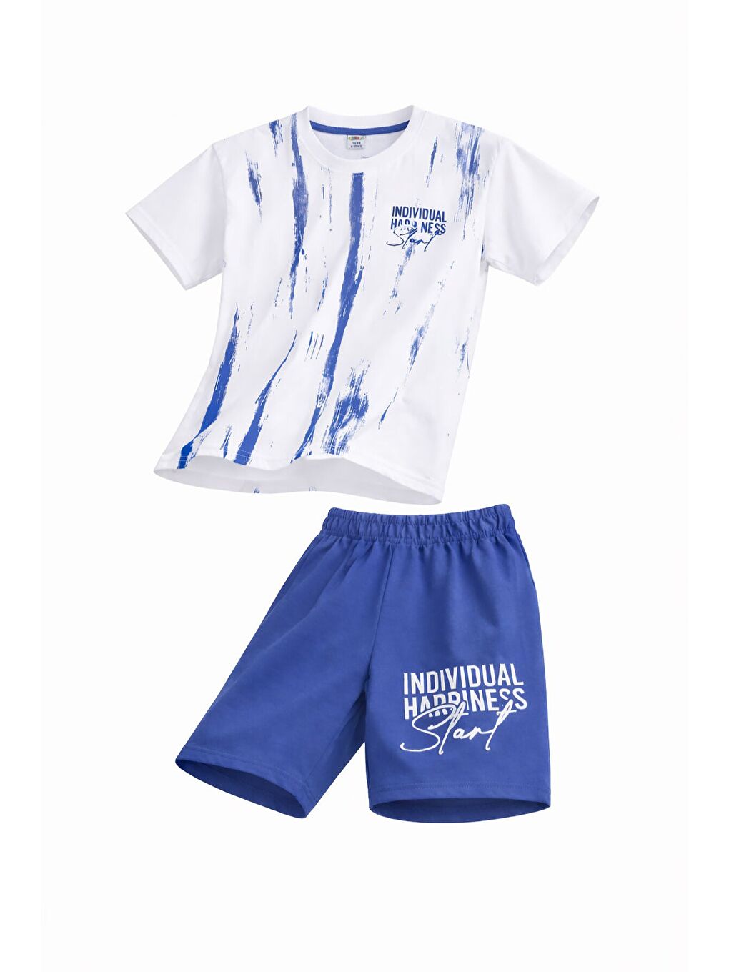 Koyu Mavi Desenli Tişörtlü Erkek Çocuk Yazı Baskılı Şortlu Takım 23789-1