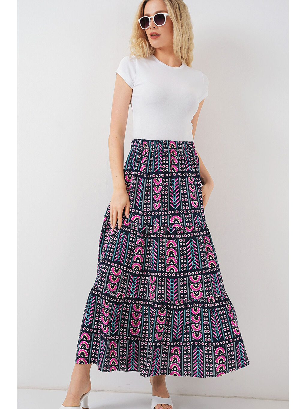 Kadın Desenli Uzun Etek 8053 - Lacivert