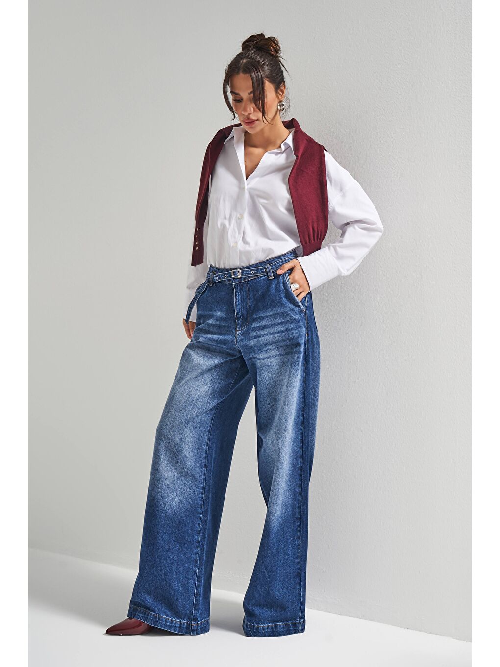 Kadın Mavi Renk 2w5-5 Süper Palazzo Fit Kemer Detaylı Denim Jean