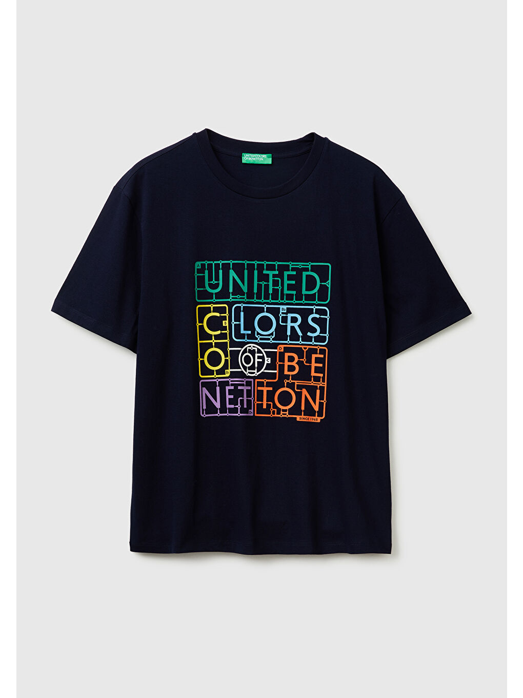 Erkek Lacivert-Renkli Baskılı %100 Pamuk Önü Logo Baskılı Relax Fit T-Shirt-1