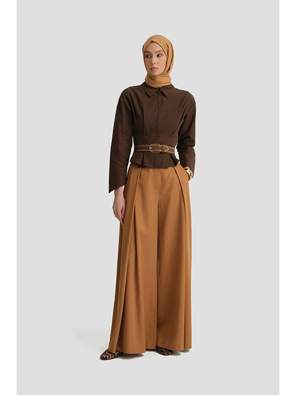 Kahverengi Pileli Lyocell Pantolon Etek 25Y2801 Taba-1