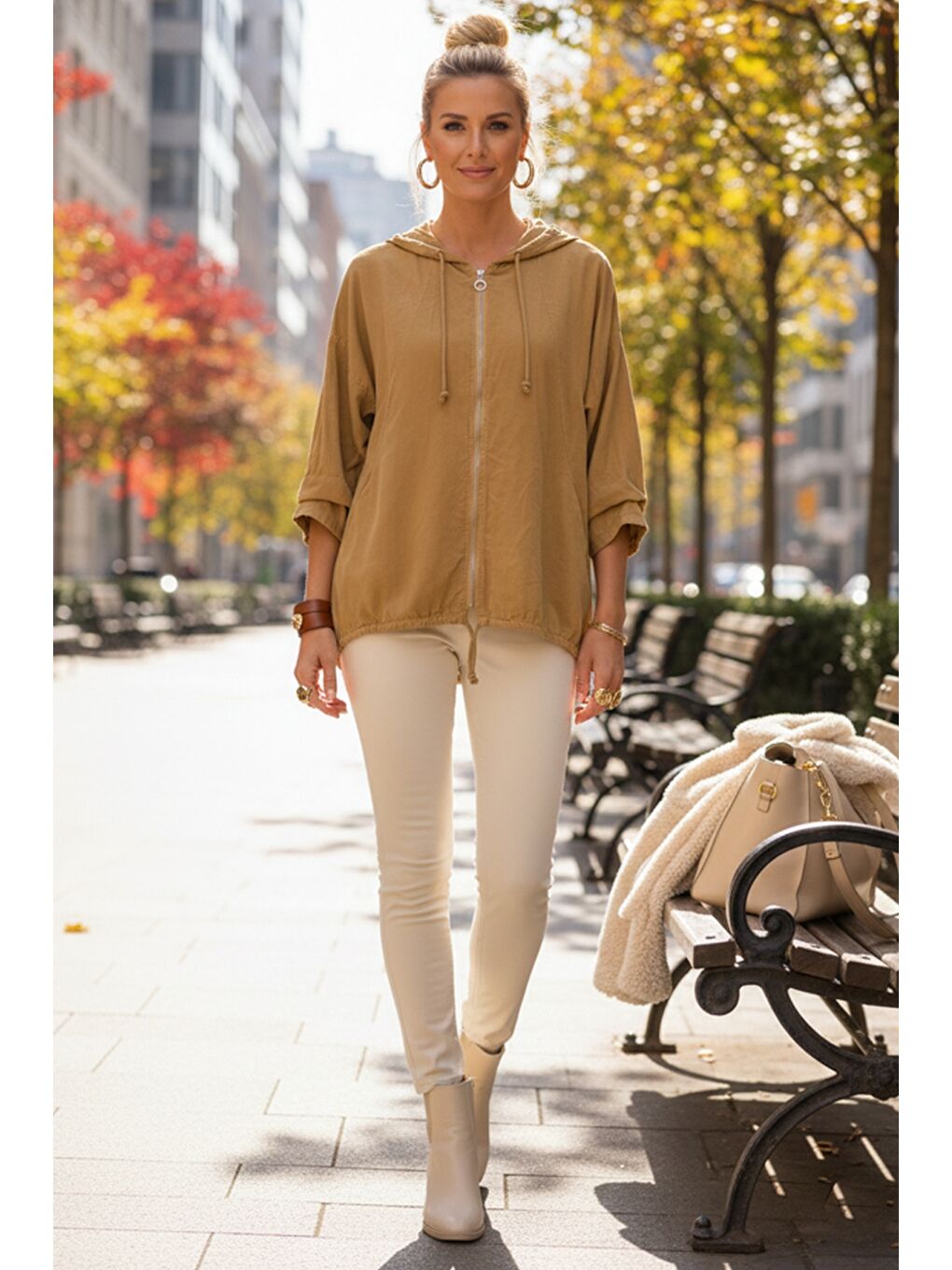 Sarı İtalyan Hardal Rengi Kapüşonlu 3/4 Kol Fermuarlı Cepli Casual Pamuklu Dokuma Ceket 70 70-6