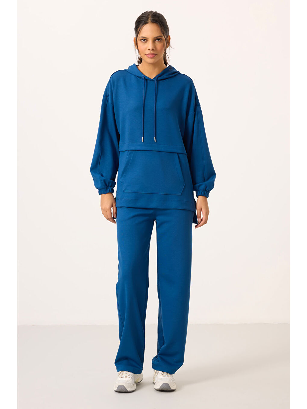 Mavi Parlament Yumuşak Dokulu Kapüşonlu Oversize Kadın Eşofman Tunik Takım   95348