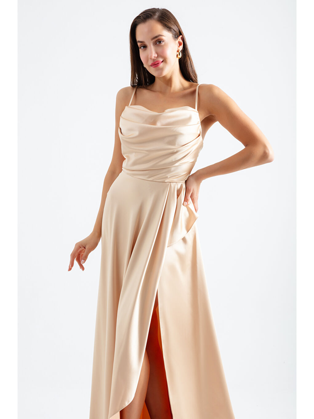 Sarı Kadın Gold Volanlı Yırtmaçlı Saten Abiye & Mezuniyet Elbisesi-1